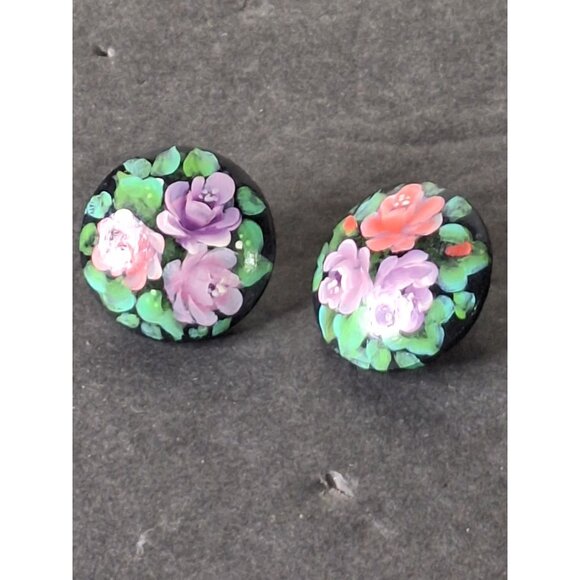 Vintage Earrings Floral 1960's Hand Painted Wood Round Bright Abstract - Picture 8 of 8
